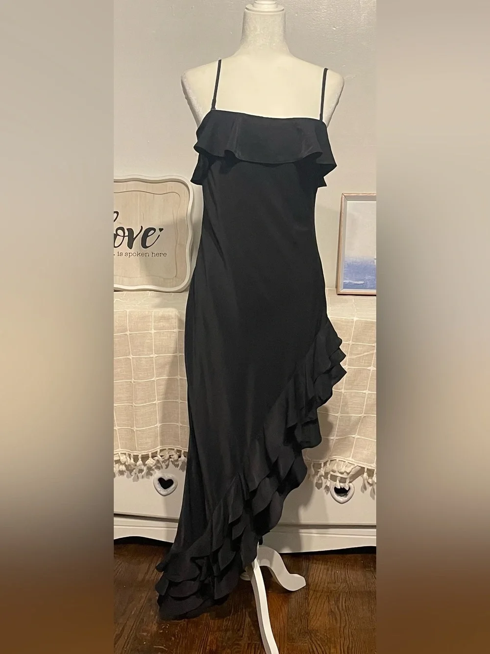 Abercrombie & Fitch Black Ruffle-Trim Maxi Slip Dress with Side Slit size M